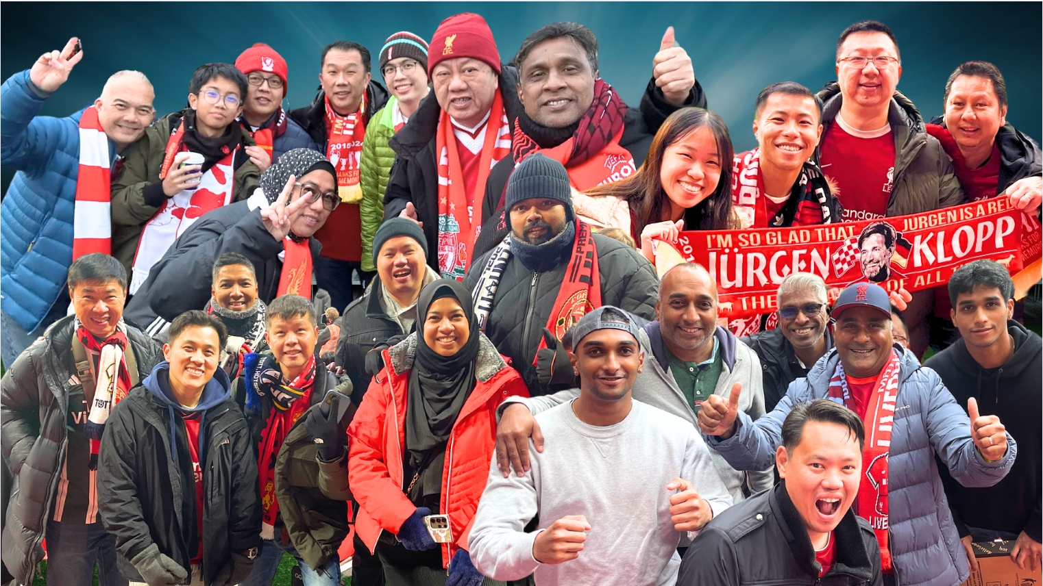 Matchday Affairs guests in Liverpool colours celebrating with scarves and a Jürgen Klopp tribute banner