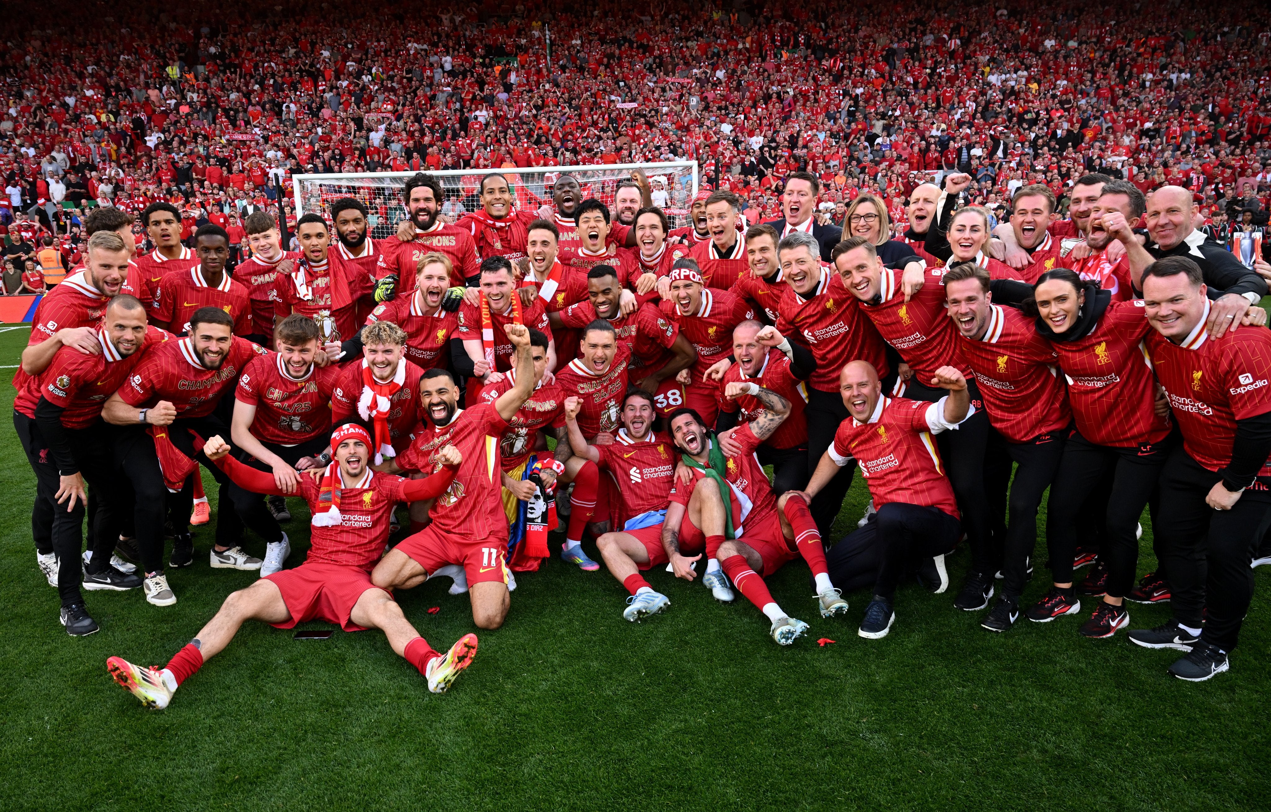 Liverpool FC Premier League title celebration on the Anfield pitch